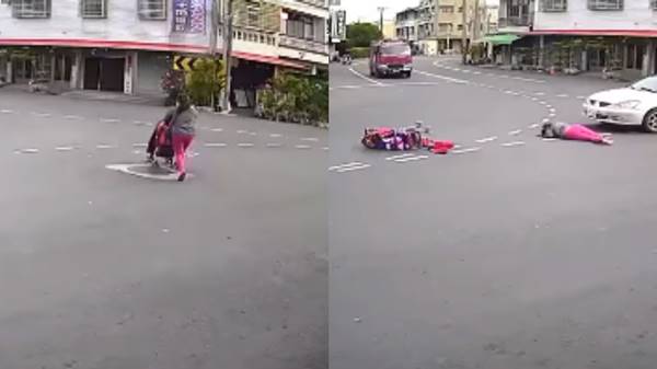 路口无行人穿越道，女驾误把煞车当油门，孩子伸手脚挣扎求救！